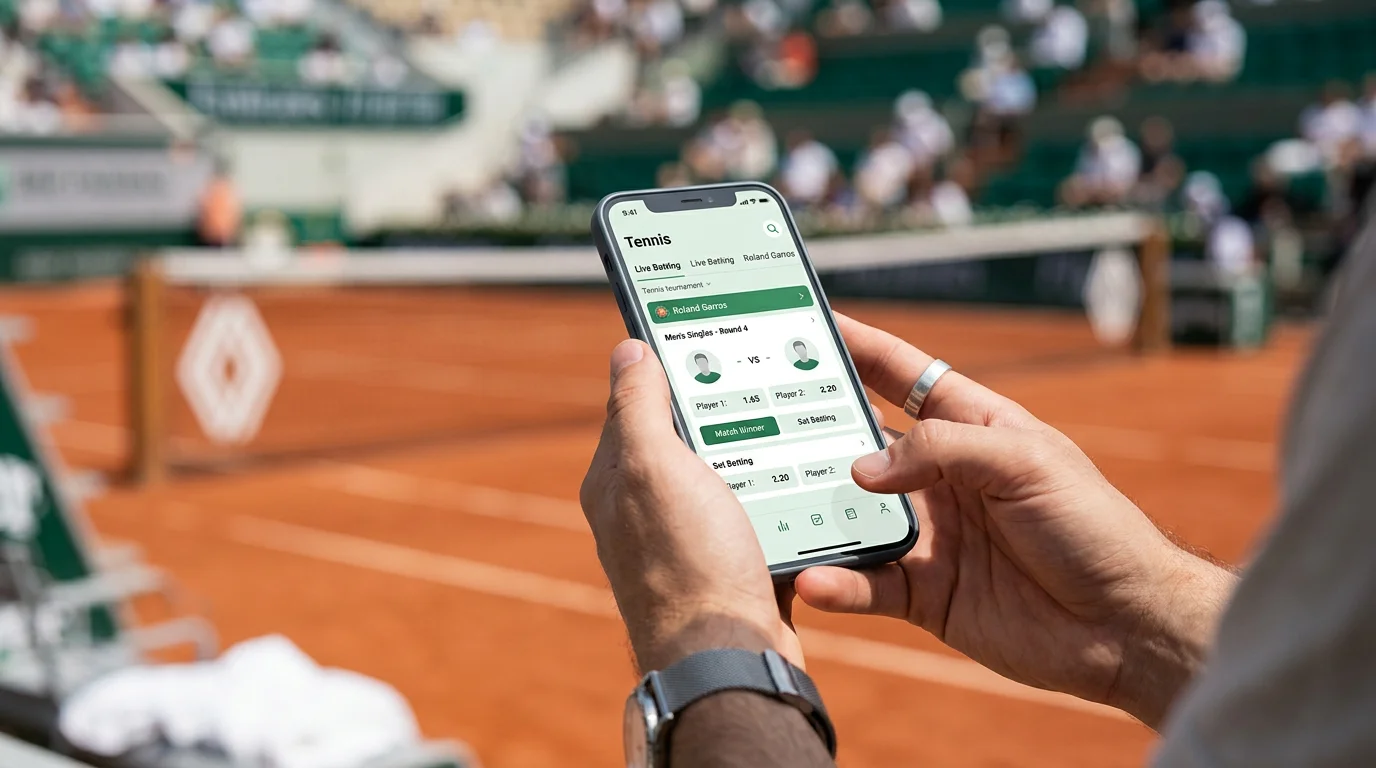Smartphone met tennis weddenschap naast Roland Garros gravelbaan