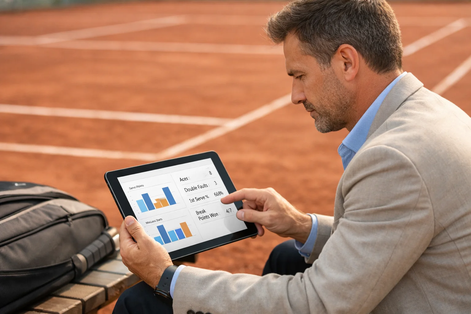 Tenniscoach analyseert spelersstatistieken op tablet naast gravelbaan