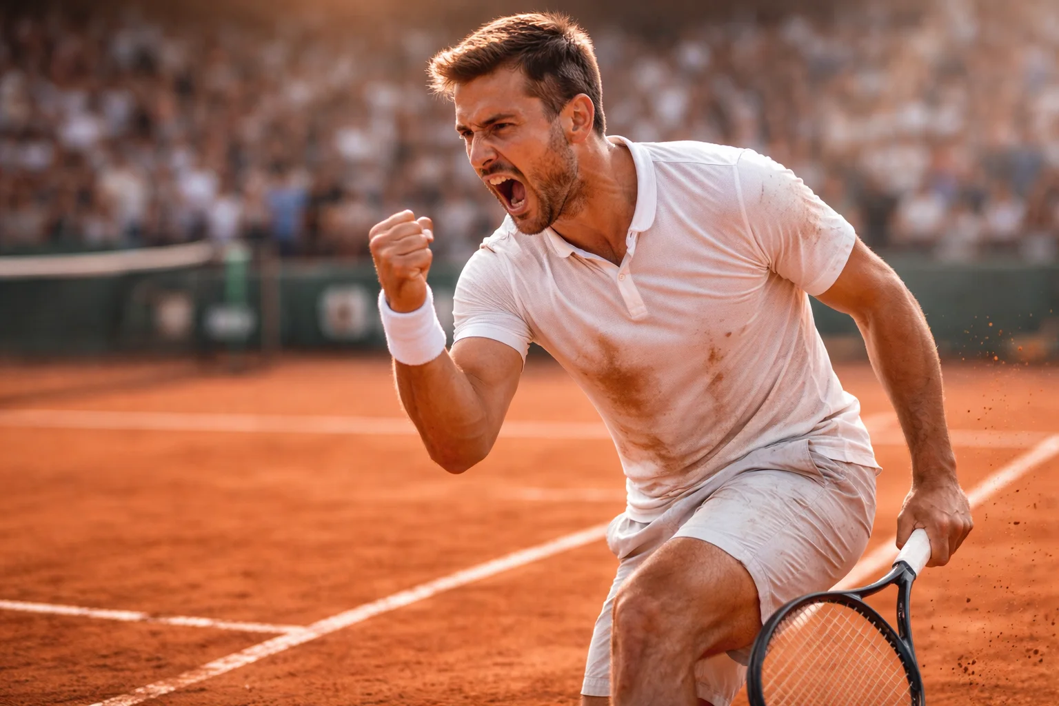 Tennisser viert een gewonnen punt op gravel met gebalde vuist