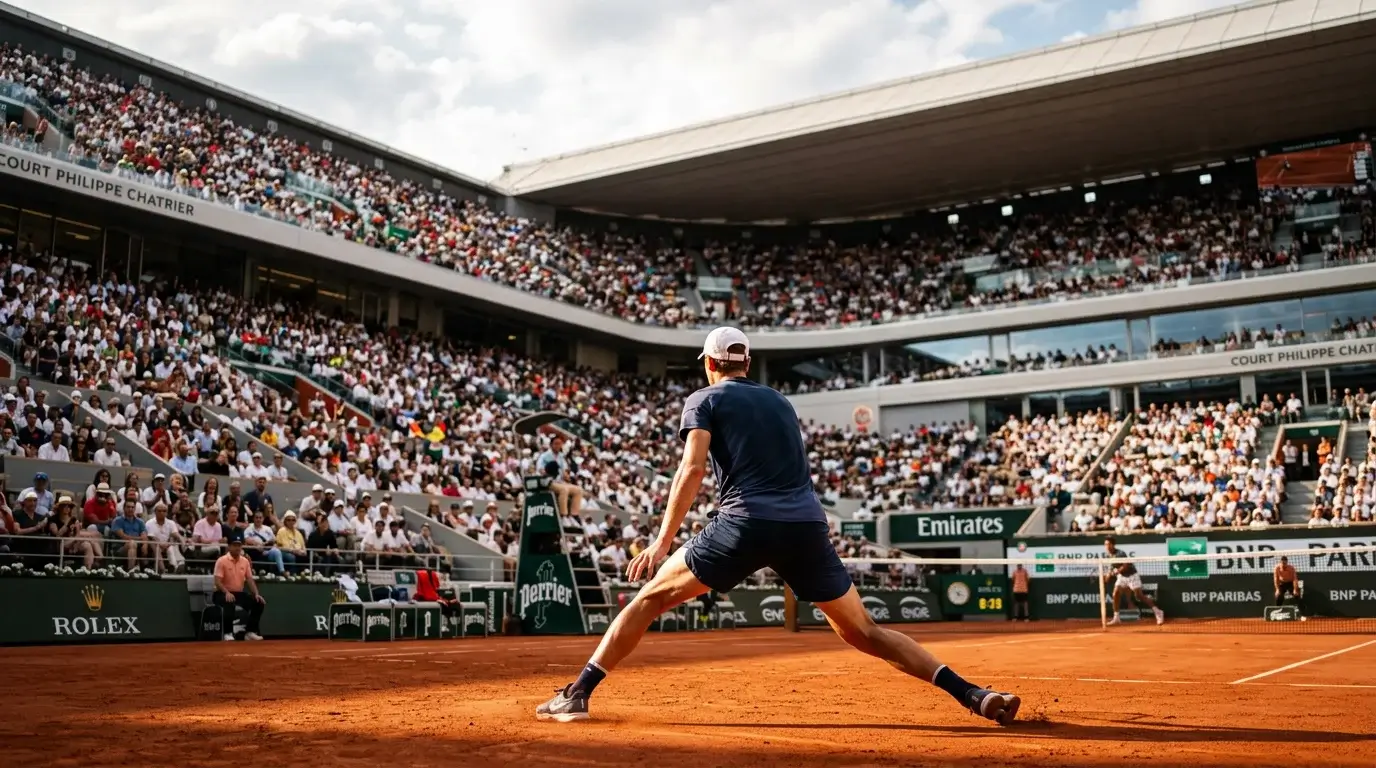 Tennismatch op Court Philippe Chatrier met volle tribunes en spanning