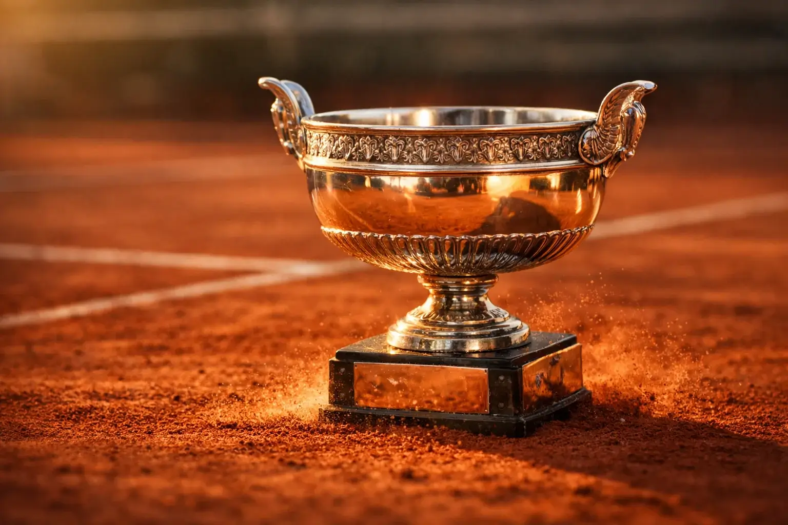 Trofee van Roland Garros op rode gravel met zonlicht