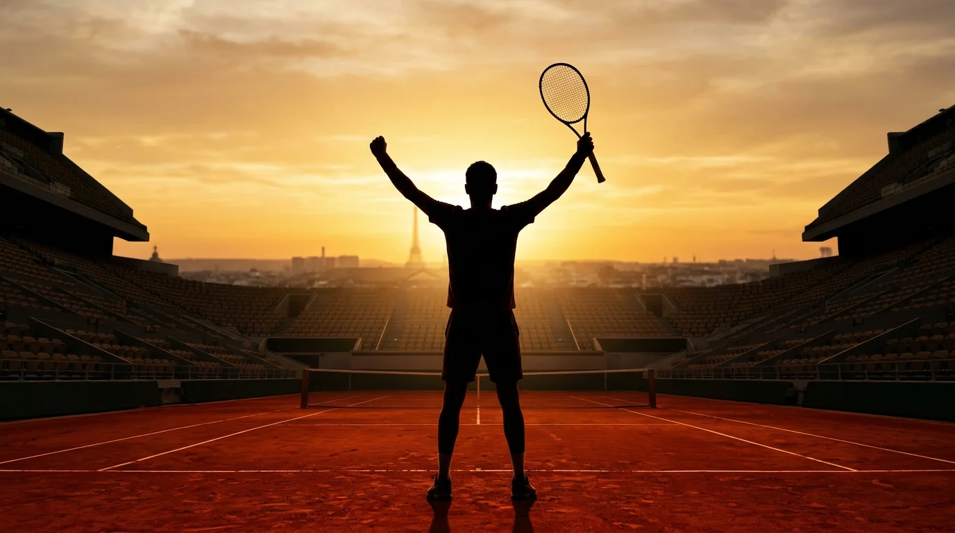 Tenniskampioen viert overwinning op Roland Garros met trofee