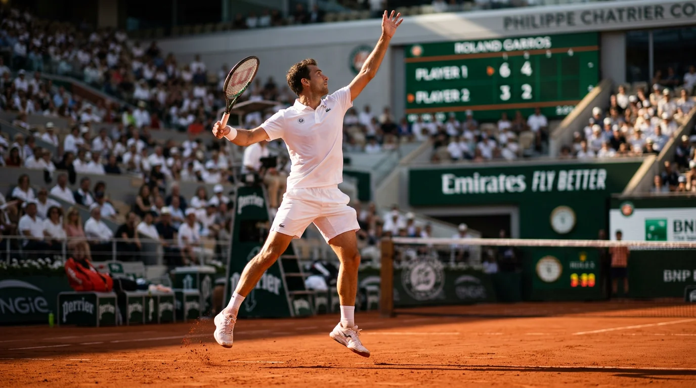 Tennisser slaat forehand op rode gravelbaan Roland Garros met scorebord