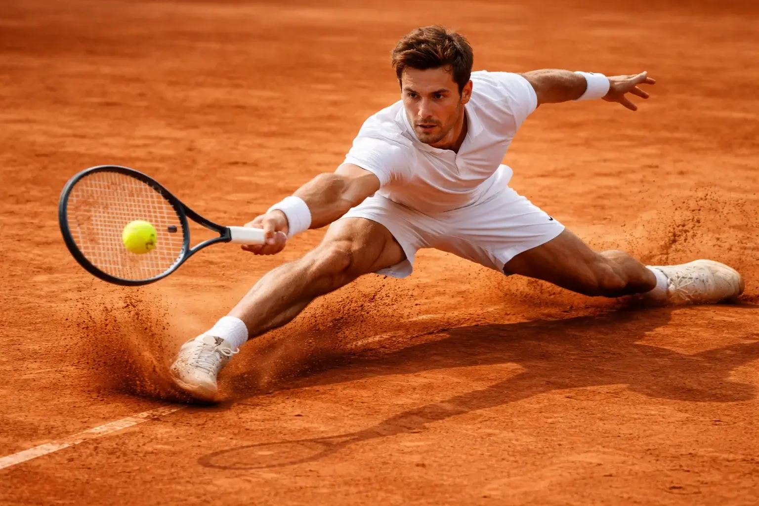 Tennisser glijdt naar de bal op een rode gravelbaan tijdens wedstrijd