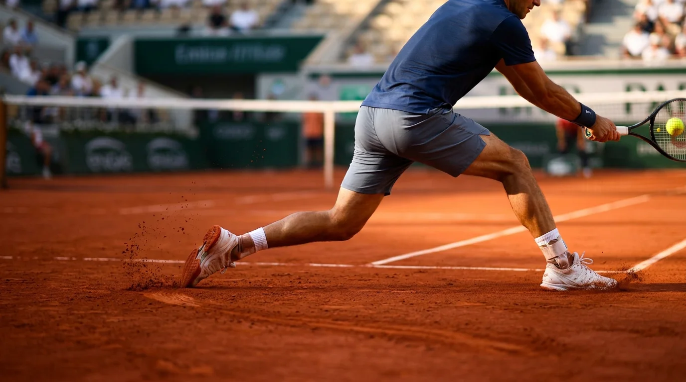 Tennisser glijdt over rode klei tijdens forehand op gravelcourt